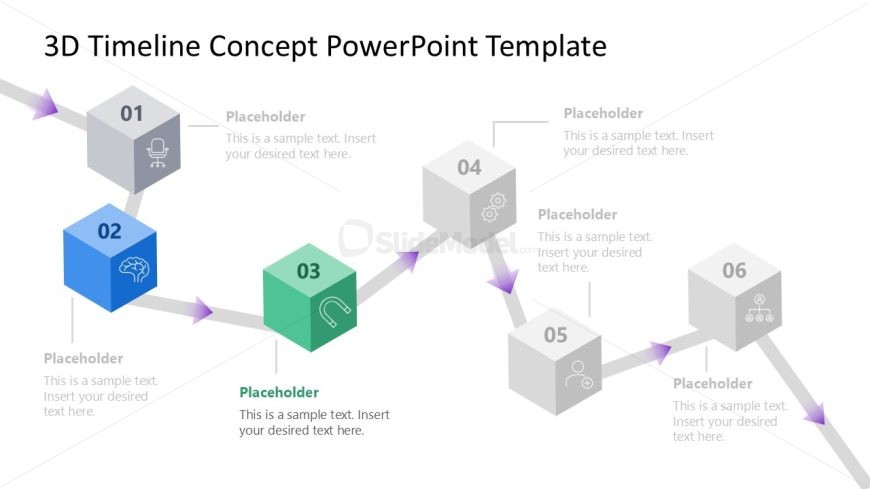 6-Item 3D Timeline Concept Slide Template featuring six milestones connected by arrows, designed for business presentations.