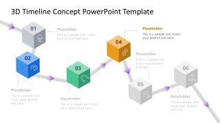 3D timeline slide template featuring six milestones with placeholders for text, designed for business presentations.