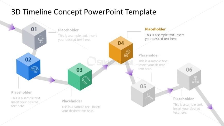 3D timeline slide template featuring six milestones with placeholders for text, designed for business presentations.