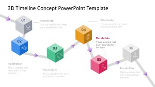 6-Item 3D Timeline Concept Slide Template showcasing six milestones in a linear progression with colorful cubes and connecting arrows.