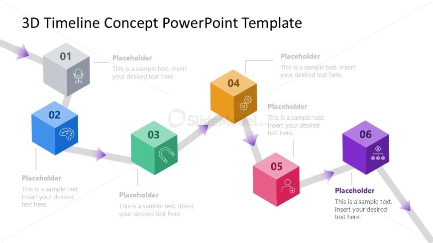 6-Item 3D Timeline Concept Slide Template showing six colored blocks in a horizontal layout with arrows indicating progression.