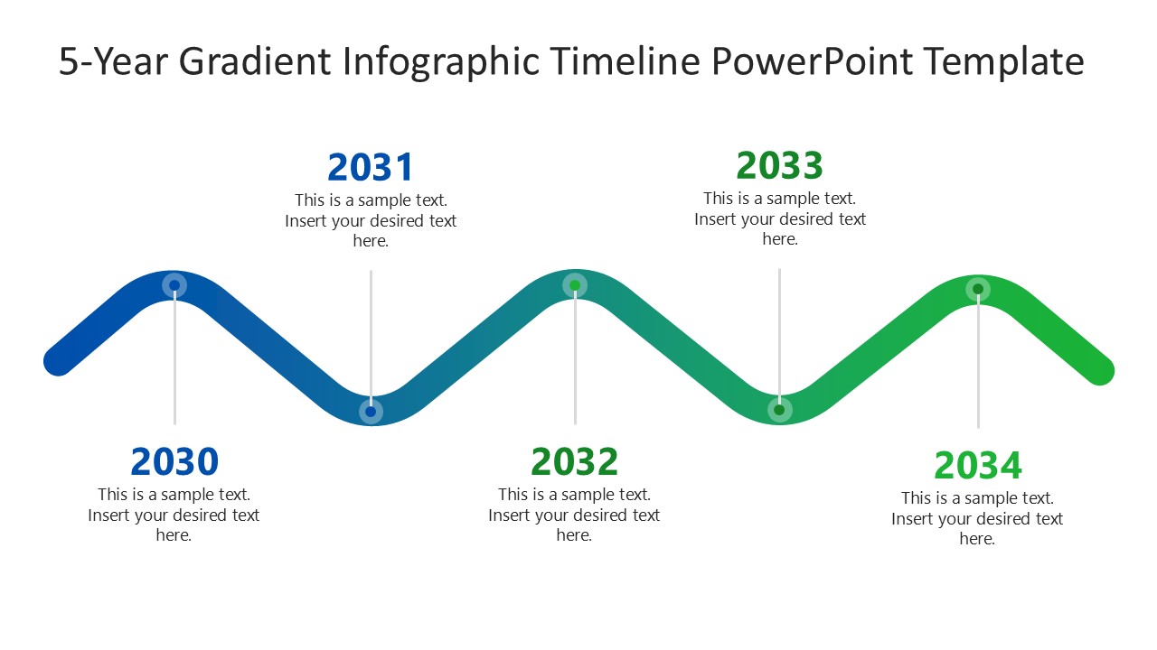 5-Year Gradient Infographic Timeline with wave-like flow, blue to green gradient, and circular milestones.