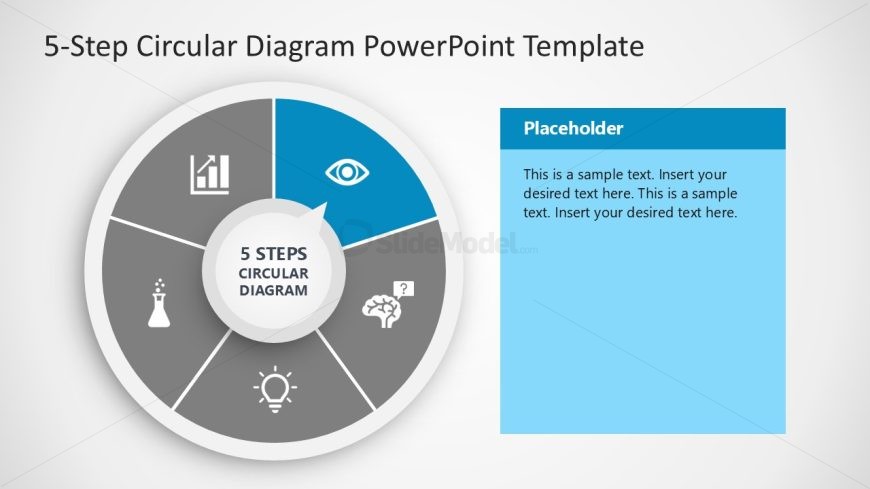 5-Step Circular Diagram Slide with blue and gray segments, icons, and a text placeholder for presentations.