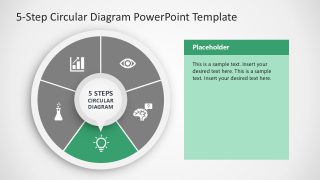5-Step Circular Diagram Slide with gray and green segments, spotlight effect, and icons for PowerPoint presentations.