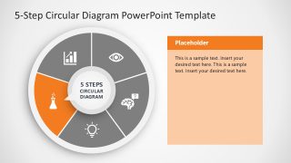 5-Step Circular Diagram Slide with five segments, gray and orange color scheme, icons, and text placeholder on the right.