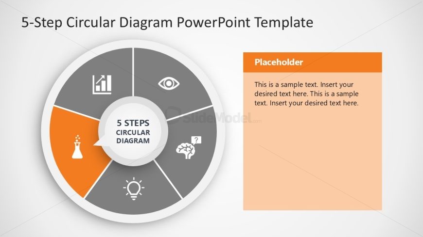 5-Step Circular Diagram Slide with five segments, gray and orange color scheme, icons, and text placeholder on the right.