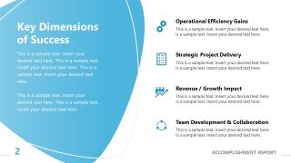 Key Dimensions of Success slide template featuring a blue gradient background, title area, and four sections for displaying accomplishments with icons.
