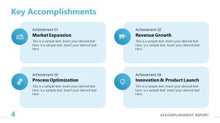 Key Accomplishments slide template featuring four sections highlighting achievements with icons, suitable for business presentations.