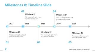 Milestones and timeline slide template for showcasing achievements in presentations, featuring a horizontal layout with circular nodes and a clean blue color scheme.