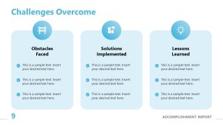 Challenges Overcome slide template with sections for Obstacles Faced, Solutions Implemented, and Lessons Learned, designed for PowerPoint presentations.