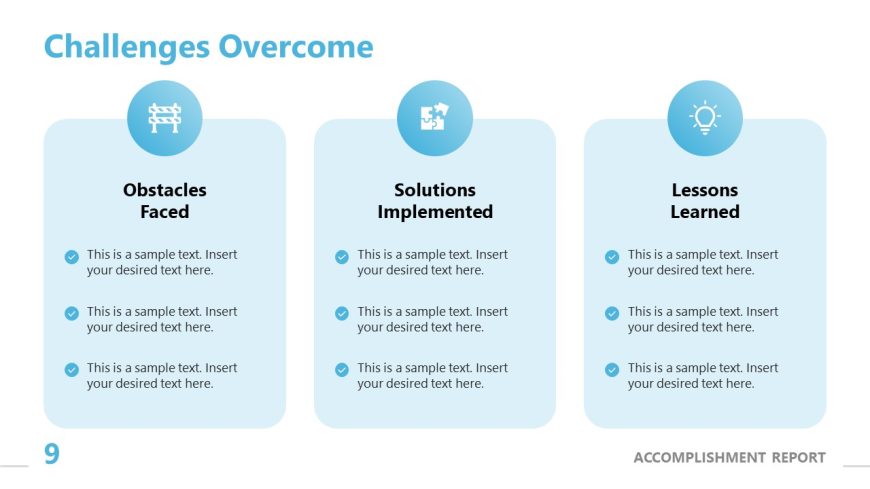 Challenges Overcome slide template with sections for Obstacles Faced, Solutions Implemented, and Lessons Learned, designed for PowerPoint presentations.