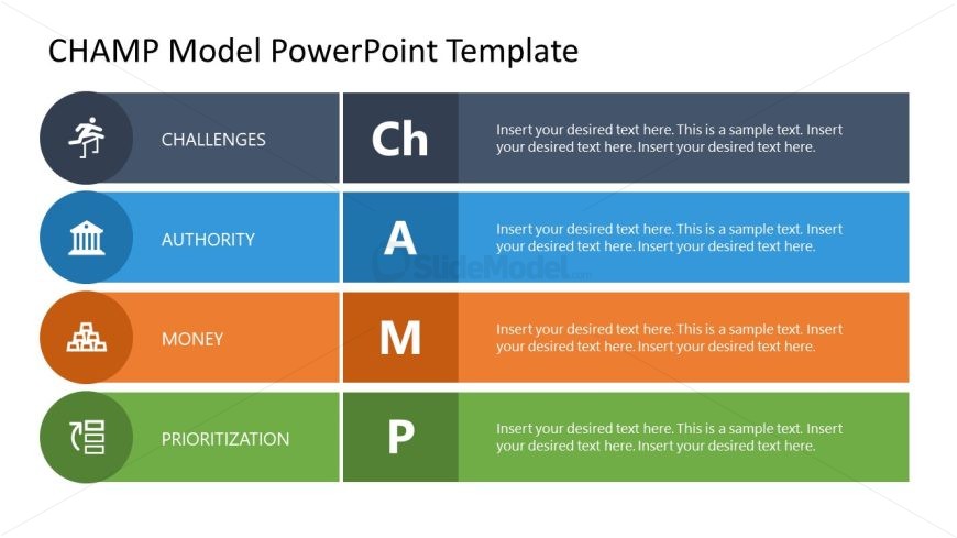 CHAMP Model PowerPoint slide template with sections for Challenges, Authority, Money, and Prioritization, featuring icons and a vibrant color scheme.