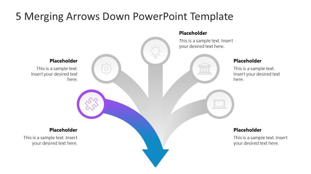 Editable 5 Merging Arrows Down PPT Template