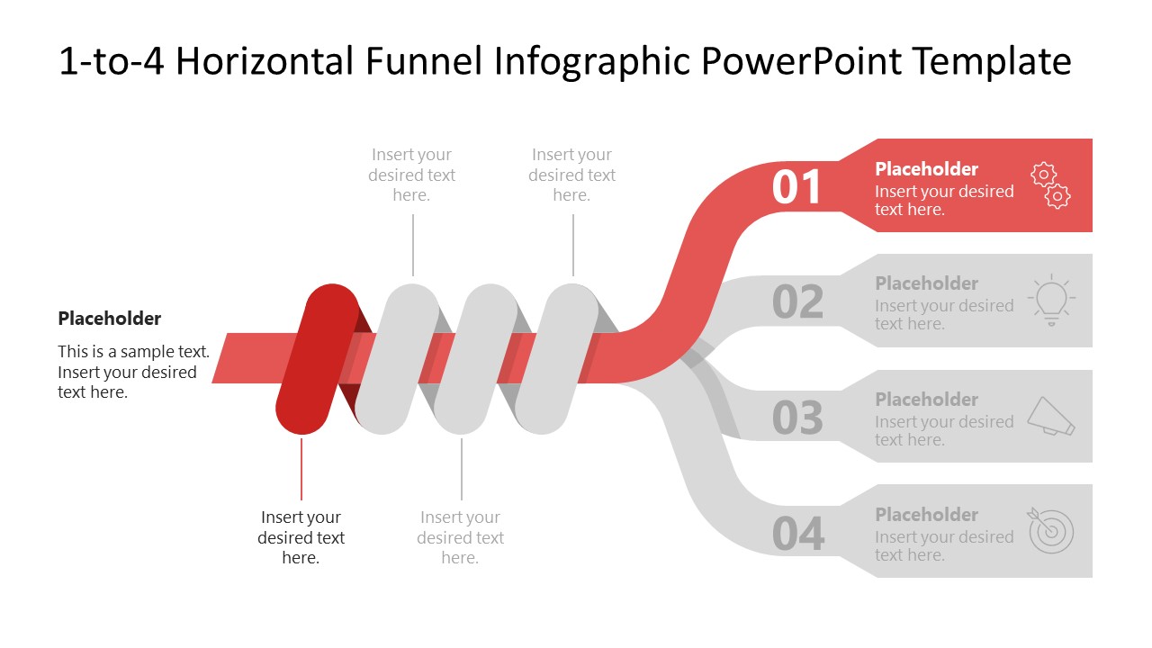 1-to-4 Horizontal Interlaced Funnel Diagram PowerPoint Template