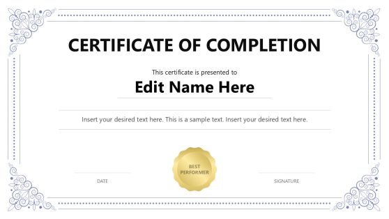 Editable Certificate of Completion PowerPoint Template