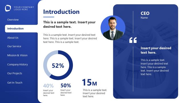 Introduction Slide with Donut Chart – Tabbed-menu Corporate Profile PPT Template