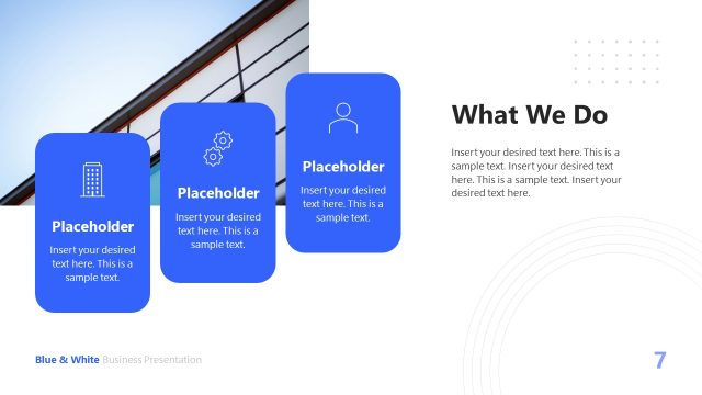 What We Do PPT Slide – Blue & White Business Template