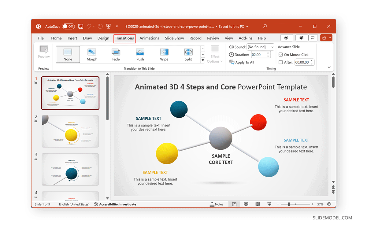Transitions panel in PowerPoint