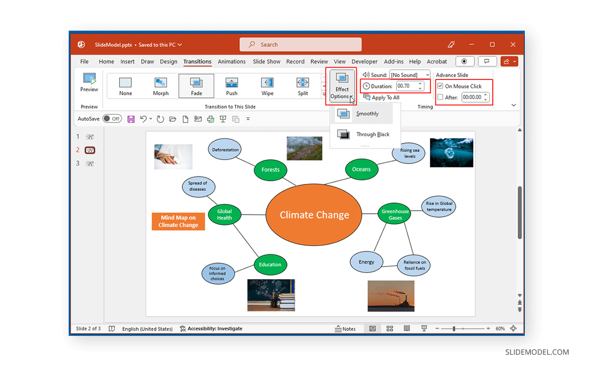 Transition effect options in PowerPoint
