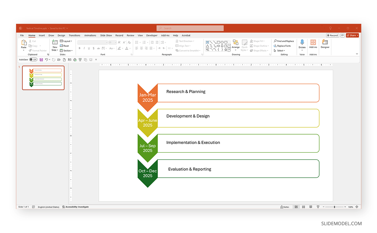 Vertical chevron-themed timeline in PowerPoint