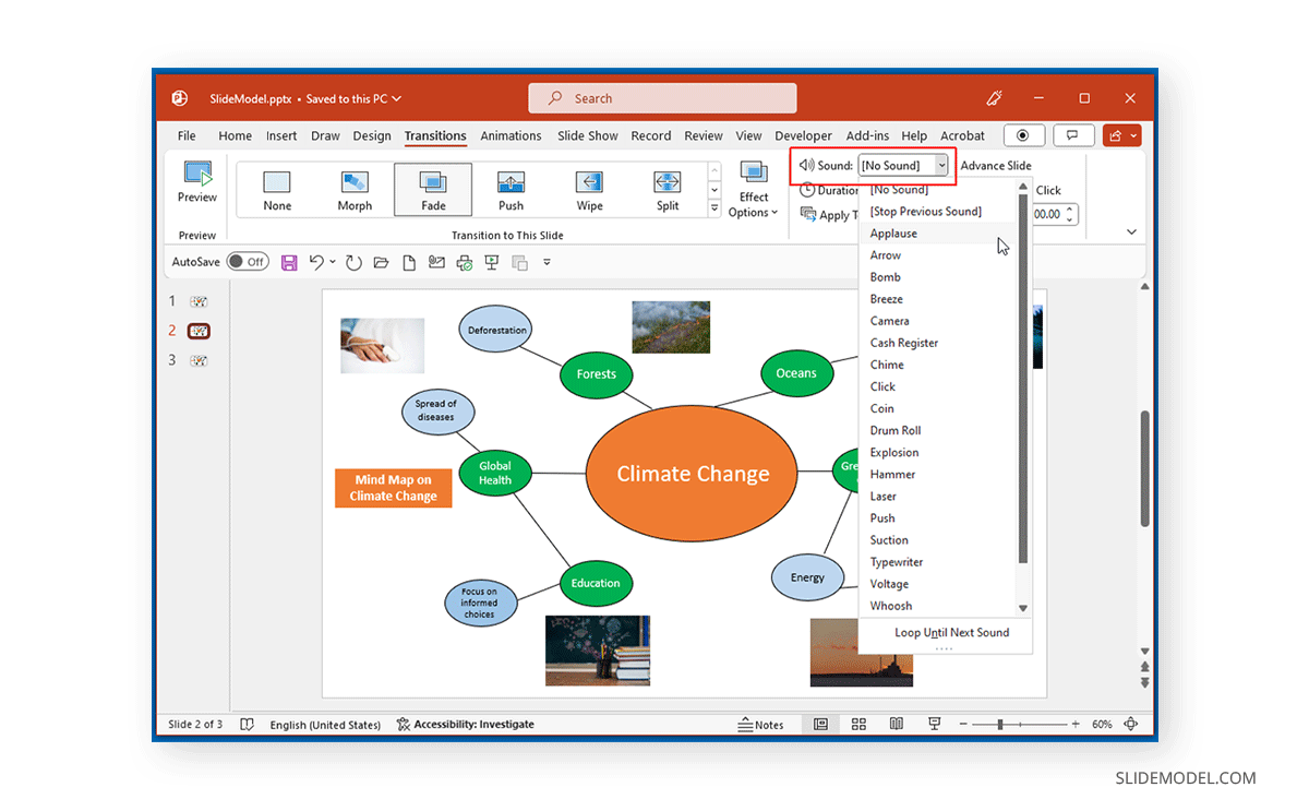 Adding sound effects to a mind map in PowerPoint