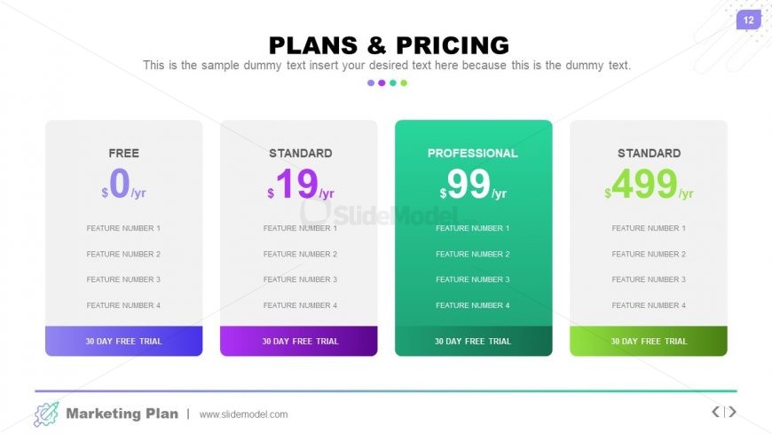 4 Columns of Pricing and Plans PPT 