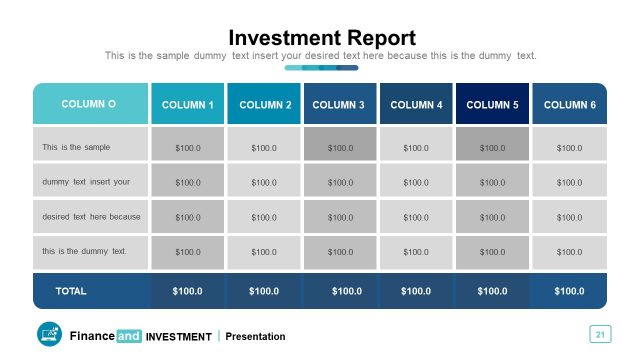 Investment Report Data Table PPT