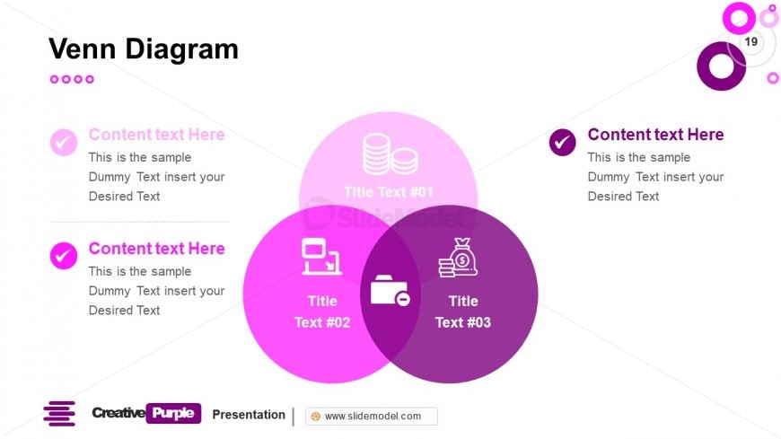 3 Item Venn Diagram Slide Purple PowerPoint