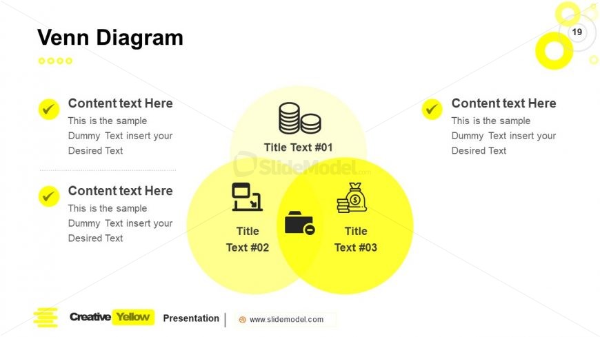 PowerPoint 3 Item Venn Diagram Slide Yellow Theme