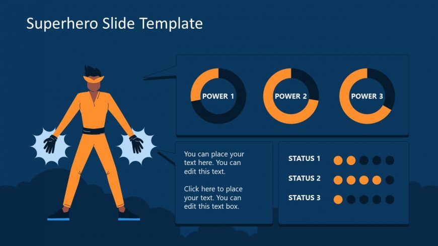 PowerPoint Template Slide with Superhero Character and Pie Chart