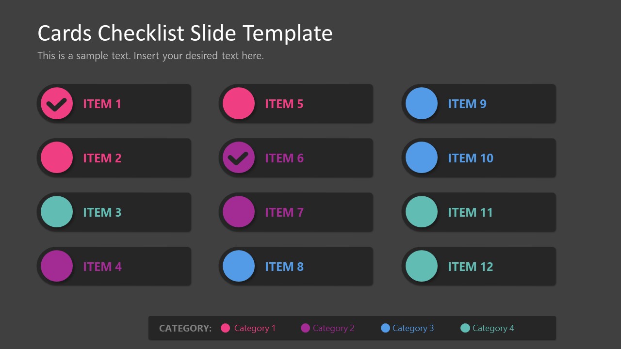 Editable Cards Checklist PPT Template with Dark Background