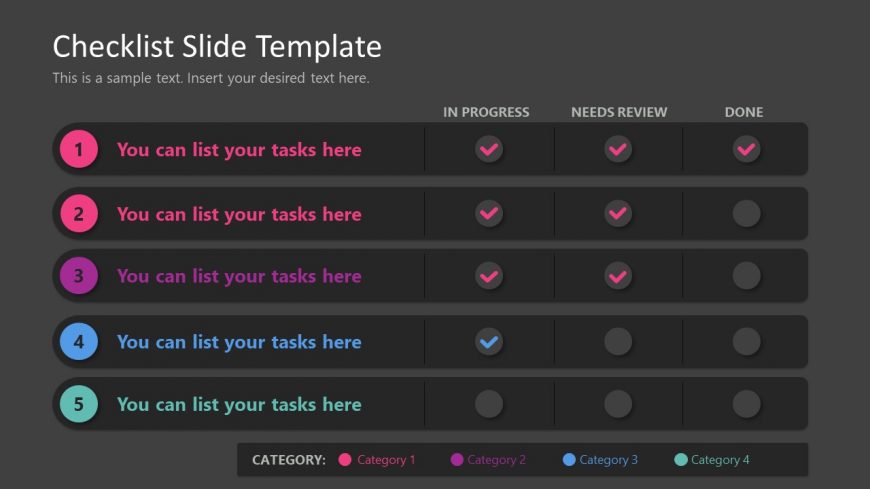 Dark Background PPT Checklist Slide Template with Five Rows