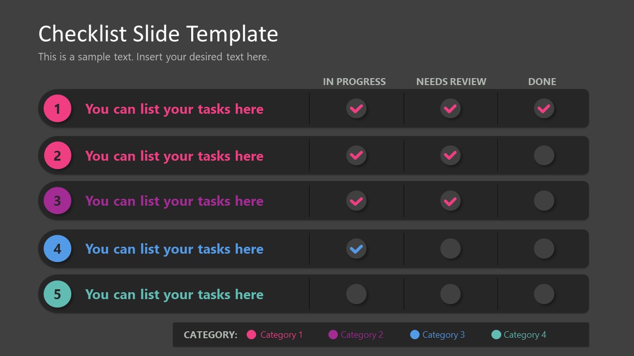 Dark Background PPT Checklist Slide Template with Five Rows
