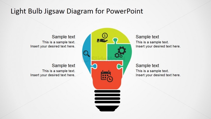 PowerPoint Four Steps Light Bulb Puzzle Diagram