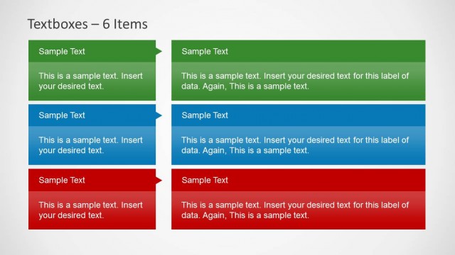 Textboxes Template for PowerPoint with Red, Green and Blue Header Color