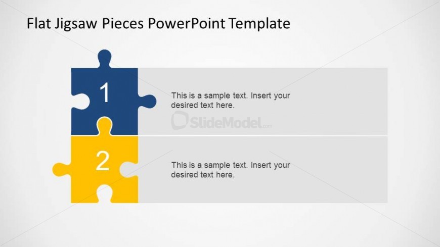 Vertical 2 steps PowerPoint diagram created with colorful jigsaw pieces and textboxes.