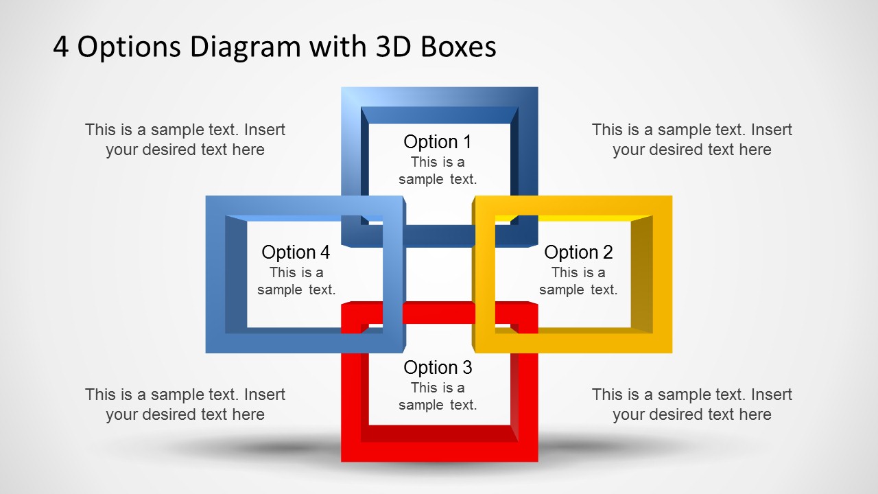 Mẫu biểu đồ 4 tùy chọn trong PowerPoint với các hộp 3D là công cụ tuyệt vời cho việc trình bày các quyết định và lựa chọn trong công việc. Hãy xem ảnh để tìm hiểu thêm và tạo ra các bài thuyết trình chuyên nghiệp của bạn.