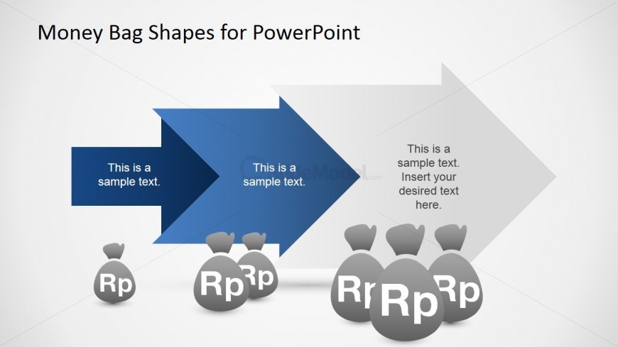 PowerPoint Shapes of Money Bags with Rupiah Currency and Chevron Arrows