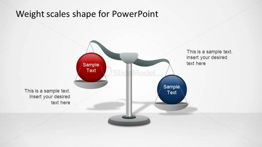PowerPoint Shape Weight Scale with concepts inclined to the right for the blue sphere