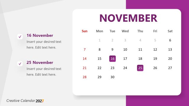 Customizable Calendar 2027 Slide for November