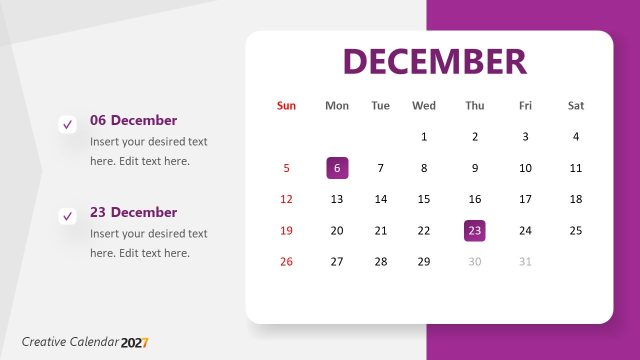 Calendar 2027 Template – December Slide