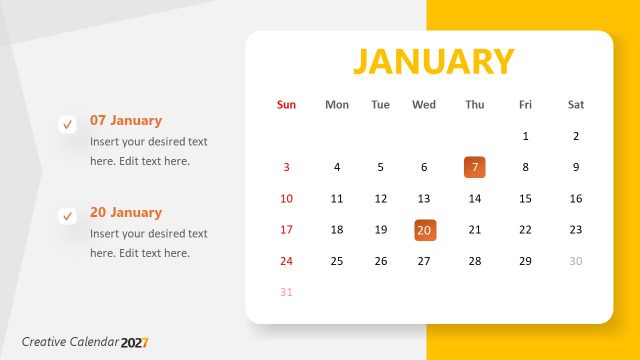 January Slide – Creative Calendar 2027 Template