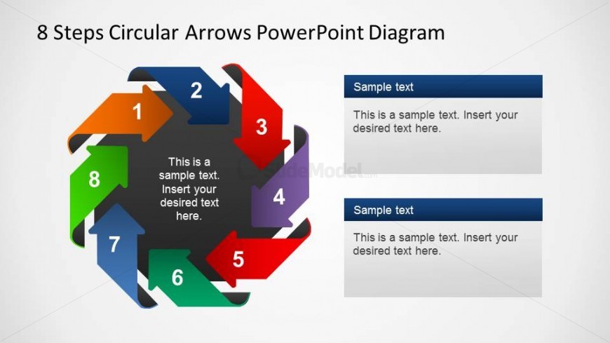 8 Steps PowerPoint Diagram wirh circular arrows labeled with numbers and with dark center.