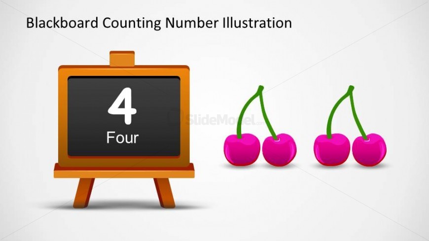 Four cherry PowerPoint shapes and a 4 written in number and word in the blackboard