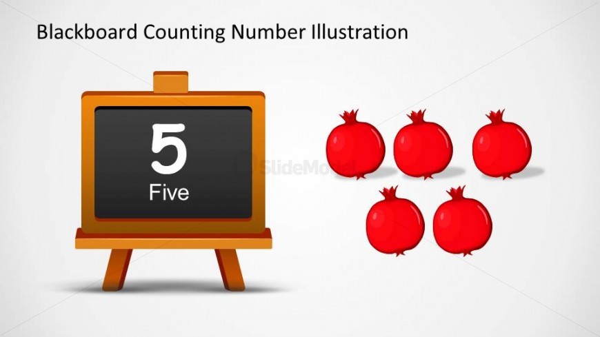 Five onions at the right side of a blackboard with the number and word 5 written down