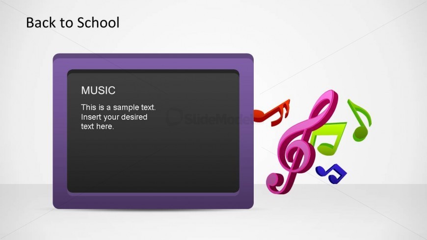 Purple border Blackboard with Music written down, composed with Music Symbols PowerPoint Shapes.