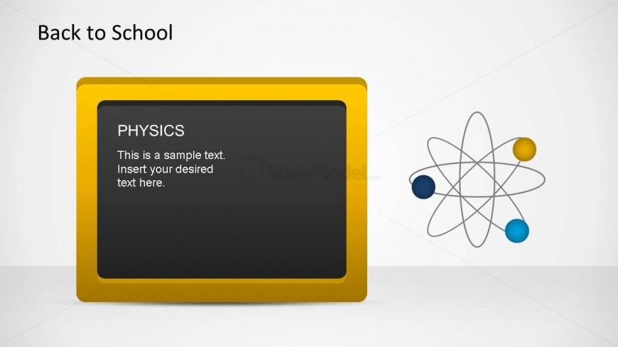 Yellow border blackboard PowerPoint shape composed with an atom PowerPoint shape.