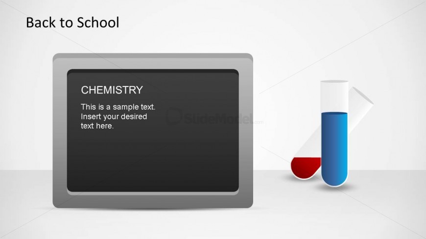 Grey border blackboard with Chemistry title with test tubes PowerPoint Shapes.