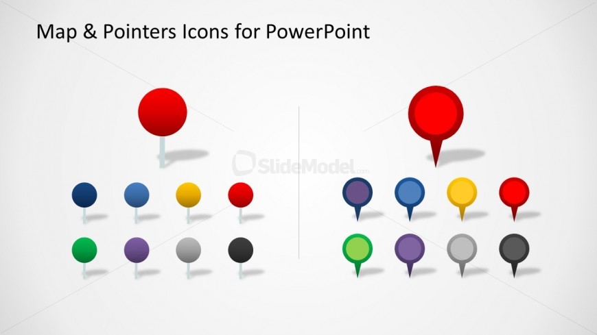 Colorful map ointer icons for PowerPoint with circles and shadow useful to pin map locations in the slide
