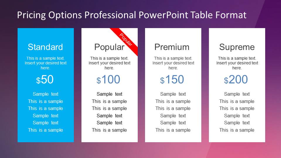 Four flat design pricing options PowerPoint Table 